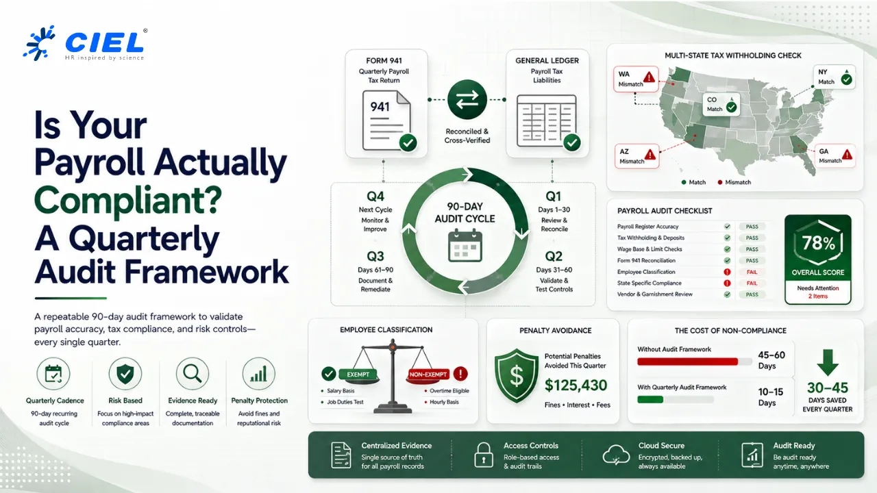 How to run a quarterly payroll compliance audit — Form 941 reconciliation, worker classification, multi-state tax withholding & audit trail steps.